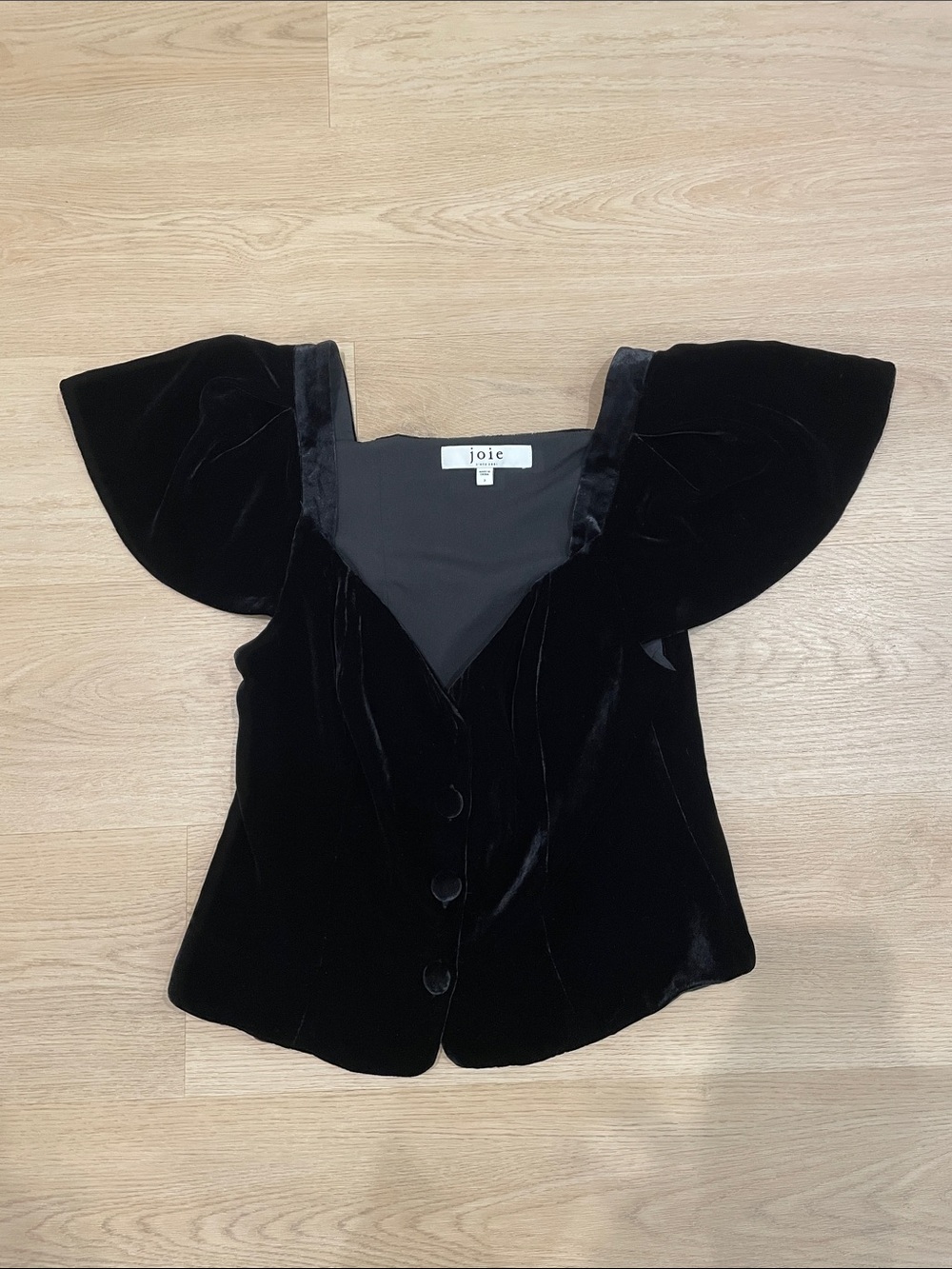 Joie Black Velvet Puff-Sleeve Buttoned V-Neck Top